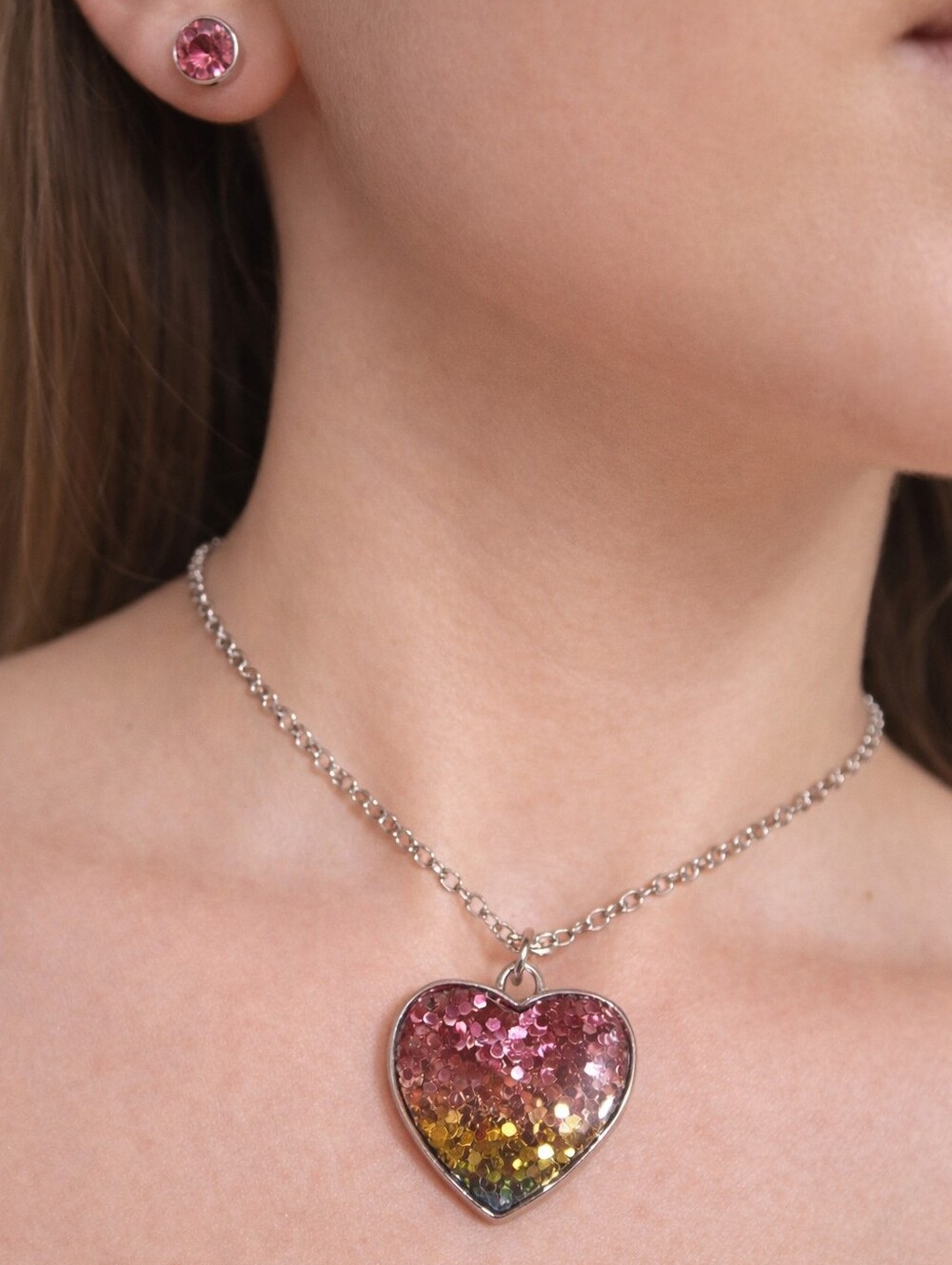 Glittery Ombre Heart Pendant Necklace & Matching Stud Earrings - Cute & Sparkly
